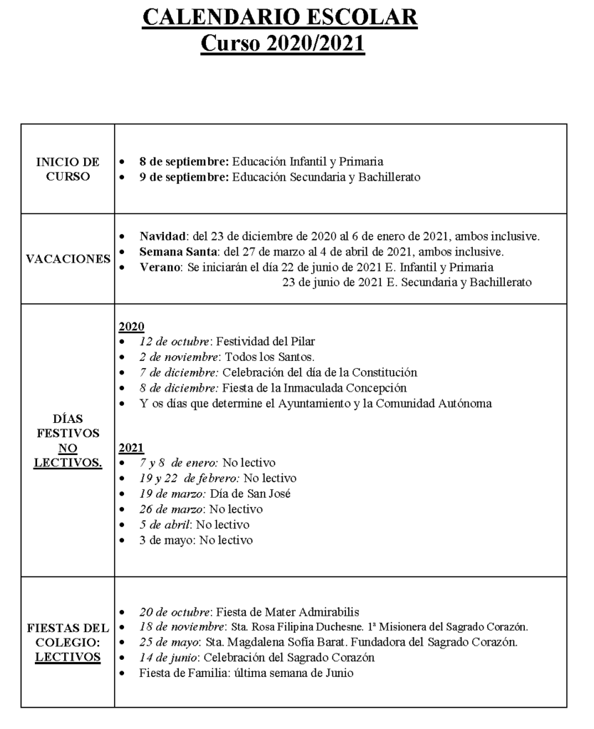 Horarios Y Calendario Colegio Sagrado Corazon Rosales